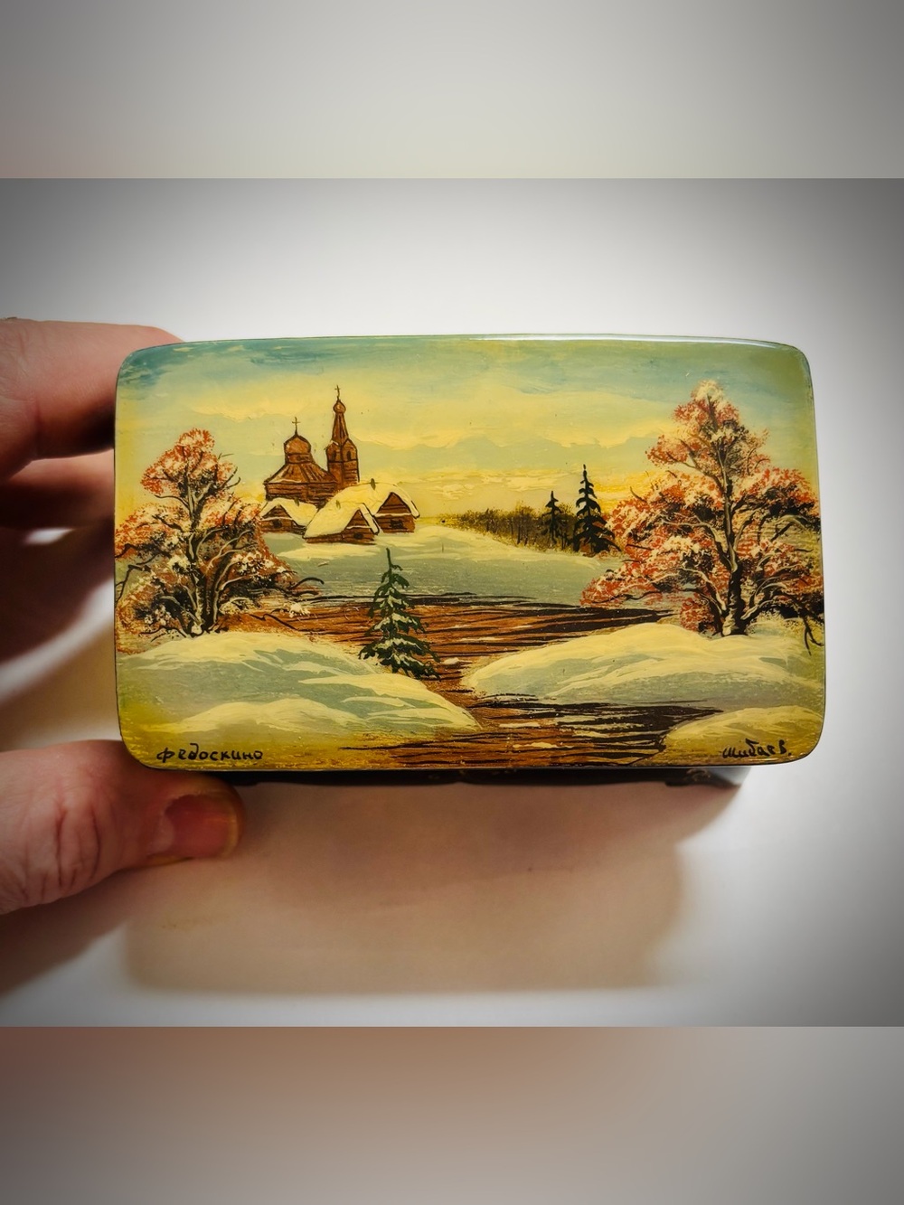 Hand-Painted Russian Winter Lacquer Box Snowy Village Church Scene Signed